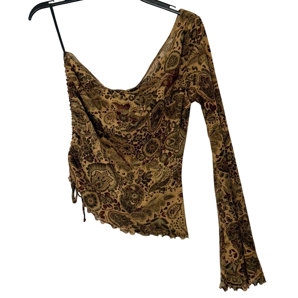 Vintage Wet Seal One Shoulder Top Brown Paisley Mesh Ruched Lettuce Hem - Large